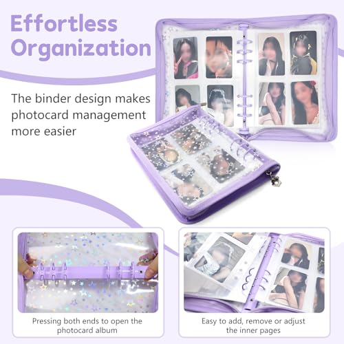 NOCAFI A5 Photocard Binder with 40 Pake 4-Pocket Pages, 6 Ring Photocard Holder Collector Storage Album Collecting Book with 320 Pockets for Organizing Photo,Trading,Game Card Collection (Purple) - Image 4