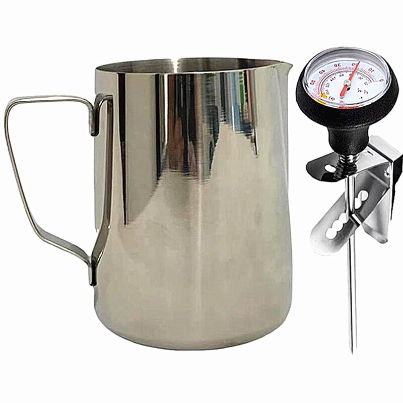 UZER Milk Frothing Pitcher for Coffee, Barista Steaming Jug (21 Ounces with Thermometer Pen) - Image 1