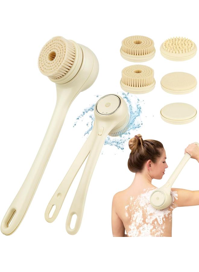 فرشاة الجسم الكهربائية لفرك الظهر للاستحمام، فرشاة تدليك وتقشير ذاتية الدوران، فرشاة استحمام قابلة للشحن، بمقبضين طويلين، تنظيف عميق، مقاومة للماء، فرشاة جسم دوارة مع 5 رؤوس فرش - Image 1