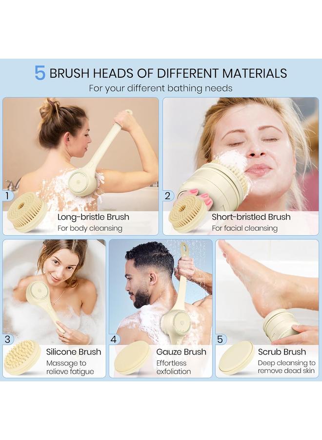 فرشاة الجسم الكهربائية لفرك الظهر للاستحمام، فرشاة تدليك وتقشير ذاتية الدوران، فرشاة استحمام قابلة للشحن، بمقبضين طويلين، تنظيف عميق، مقاومة للماء، فرشاة جسم دوارة مع 5 رؤوس فرش - Image 2