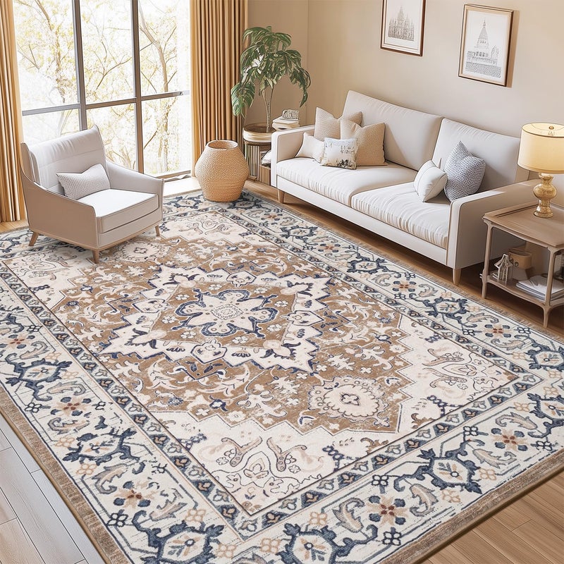 Lofus 8x10 Area Rugs for Living Room, Washable Area Rug, Rugs for Bedroom, Kitchen, Vintage Boho Carpet, Soft Non-Slip, Low Pile Large Area Rug for Office Dining Room, Floral Brown - Image 2