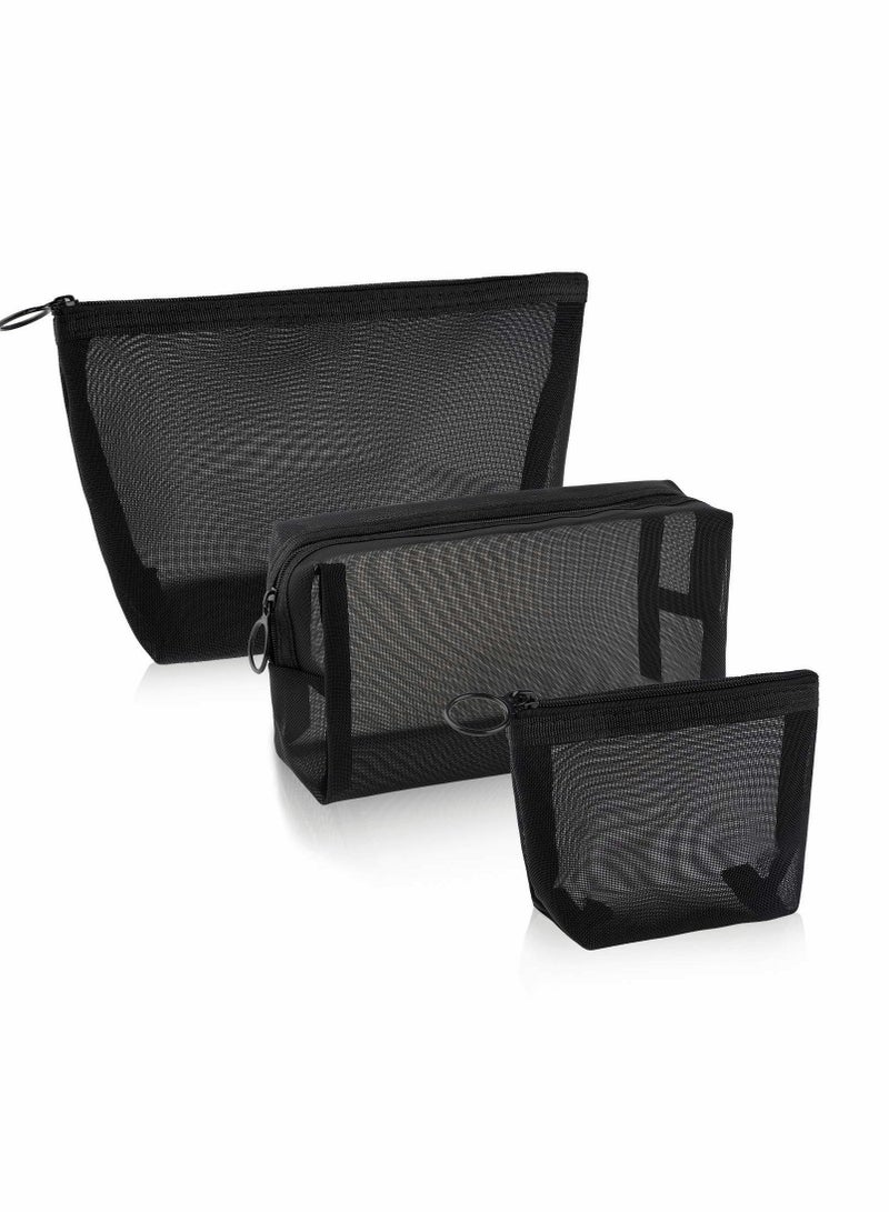 Excefore 3 Pieces Mesh Cosmetic Bag Makeup Bags Black Zipper Pouch for Offices Travel Accessories - Image 1