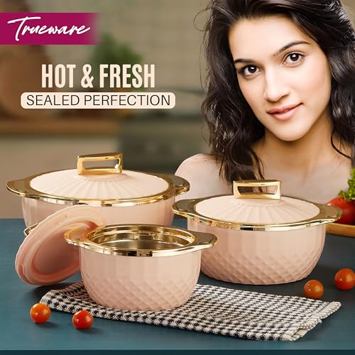 Trueware Krystal Inner Steel Casserole Set of 3, 750 ml,1000 ml & 1500 ml | PU Insulated | BPA Free | Odour Proof |Ideal for Chapatti | Roti | Curd Maker | Thermoware | Hot Pot (Setof 3-3250ML, Pink) - Image 2
