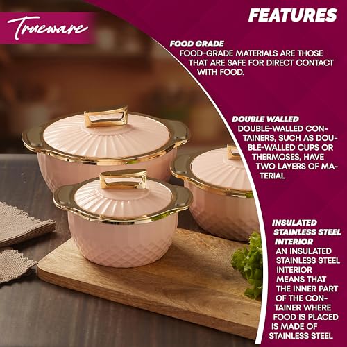 Trueware Krystal Inner Steel Casserole Set of 3, 750 ml,1000 ml & 1500 ml | PU Insulated | BPA Free | Odour Proof |Ideal for Chapatti | Roti | Curd Maker | Thermoware | Hot Pot (Setof 3-3250ML, Pink) - Image 5