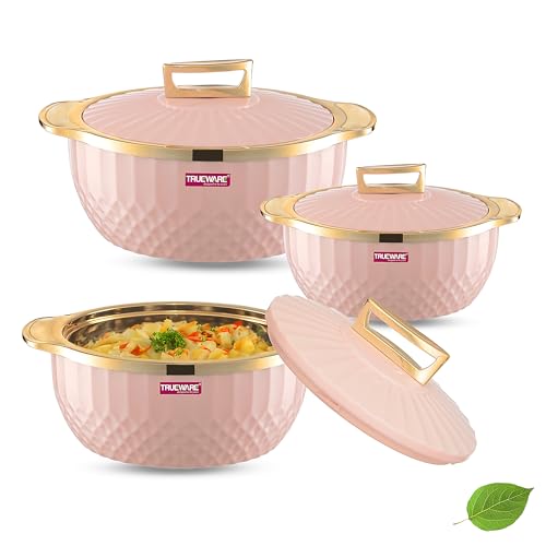 Trueware Krystal Inner Steel Casserole Set of 3, 750 ml,1000 ml & 1500 ml | PU Insulated | BPA Free | Odour Proof |Ideal for Chapatti | Roti | Curd Maker | Thermoware | Hot Pot (Setof 3-3250ML, Pink) - Image 1