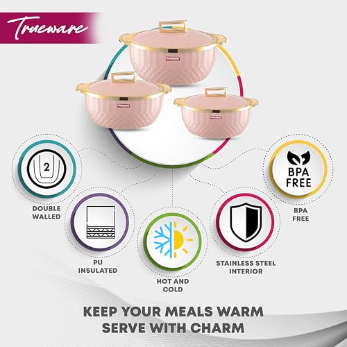 Trueware Krystal Inner Steel Casserole Set of 3, 750 ml,1000 ml & 1500 ml | PU Insulated | BPA Free | Odour Proof |Ideal for Chapatti | Roti | Curd Maker | Thermoware | Hot Pot (Setof 3-3250ML, Pink) - Image 4