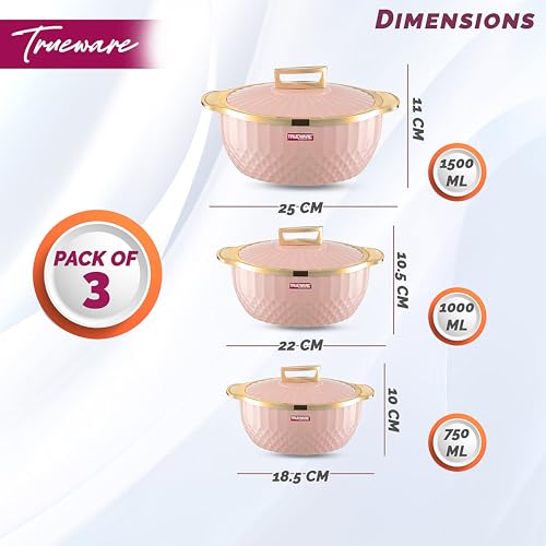Trueware Krystal Inner Steel Casserole Set of 3, 750 ml,1000 ml & 1500 ml | PU Insulated | BPA Free | Odour Proof |Ideal for Chapatti | Roti | Curd Maker | Thermoware | Hot Pot (Setof 3-3250ML, Pink) - Image 3
