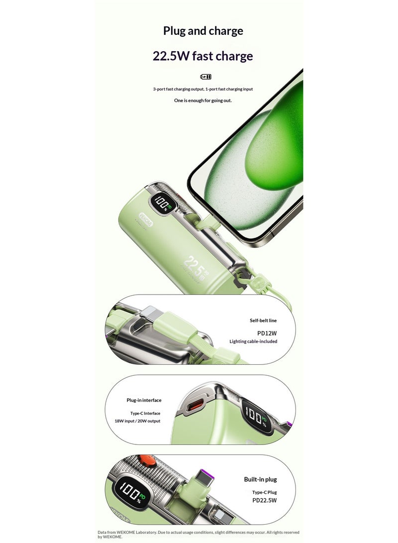 WEKOME Mini 22.5W Capsule Emergency Power Bank | 5000mAh Mini Fast Charge, Digital Display, Multi-Port Output, Portable Lanyard Design (Green) - Image 3