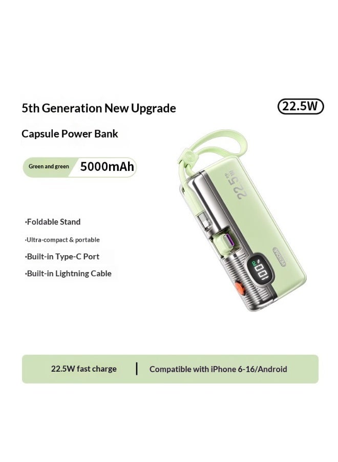 WEKOME Mini 22.5W Capsule Emergency Power Bank | 5000mAh Mini Fast Charge, Digital Display, Multi-Port Output, Portable Lanyard Design (Green) - Image 1