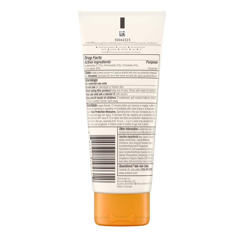 Aveeno لوشن واقي شمس مرطب للجسم من أفينو بروتيكت + هايدريت مع SPF 30 واسع الطيف وشوفان بروبيوتيك، شعور خفيف ومنعش، خالي من البارابين، خالي من الزيت، خالي من الأوكسيبنزون، 3.0 أونصات - Image 5