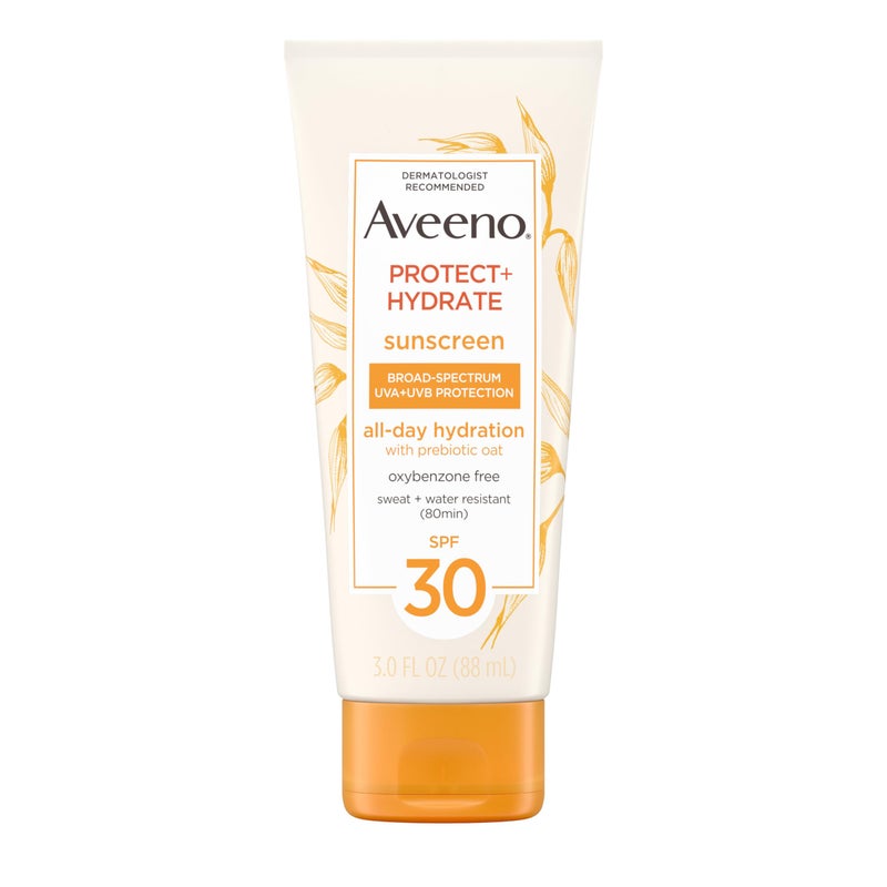 Aveeno لوشن واقي شمس مرطب للجسم من أفينو بروتيكت + هايدريت مع SPF 30 واسع الطيف وشوفان بروبيوتيك، شعور خفيف ومنعش، خالي من البارابين، خالي من الزيت، خالي من الأوكسيبنزون، 3.0 أونصات - Image 1