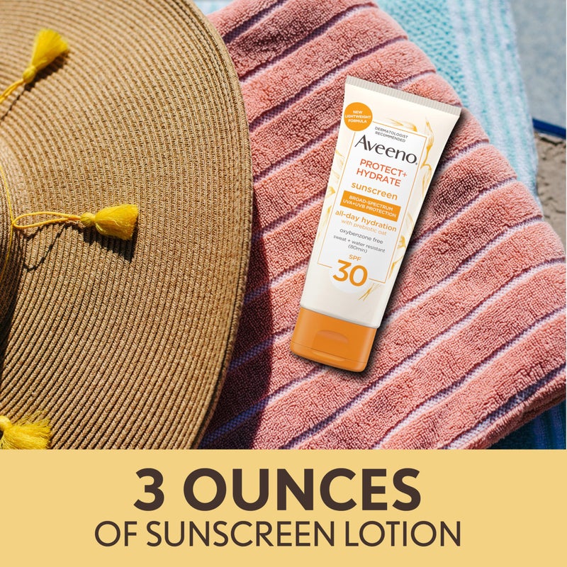 Aveeno لوشن واقي شمس مرطب للجسم من أفينو بروتيكت + هايدريت مع SPF 30 واسع الطيف وشوفان بروبيوتيك، شعور خفيف ومنعش، خالي من البارابين، خالي من الزيت، خالي من الأوكسيبنزون، 3.0 أونصات - Image 3