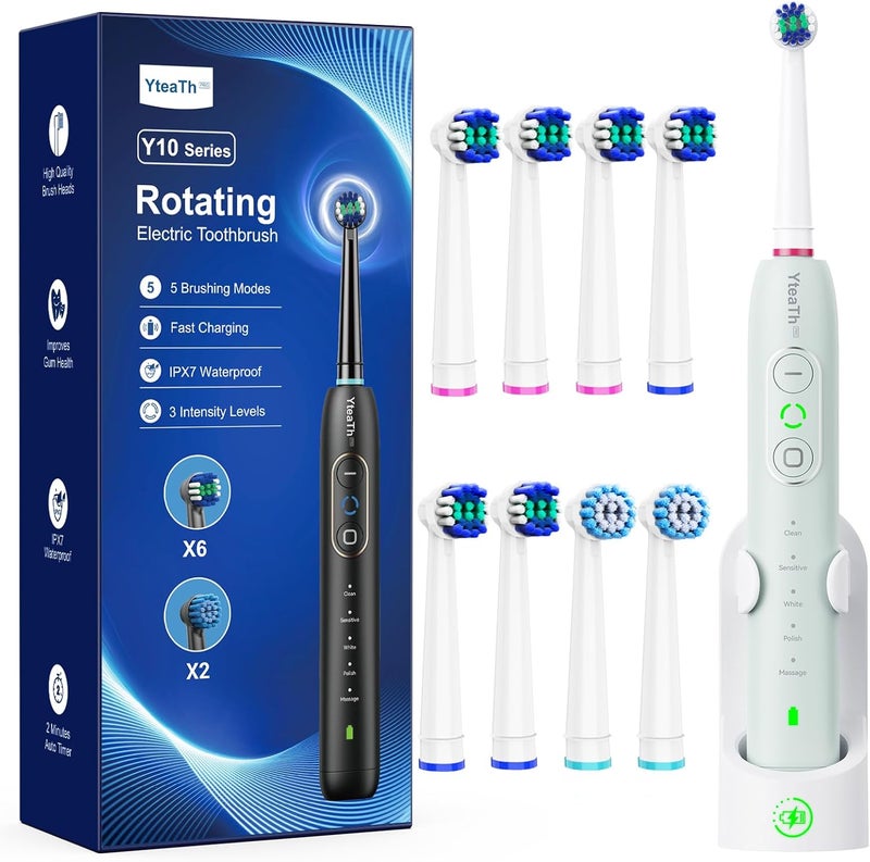 YTEATH PRO Electric Toothbrush for Adults - Rotary Toothbrush with 3 Intensities 5 Modes, 8 Brush Heads, IPX7 Waterproof, Travel Electric Toothbrush, Light Green - Image 1