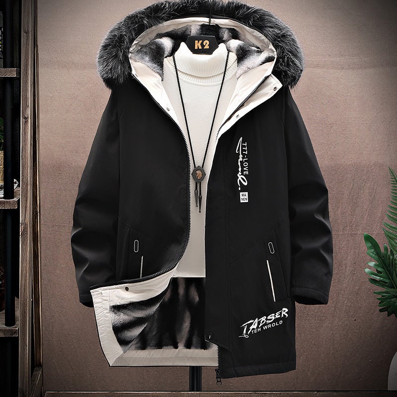 2024 Winter Mens Parker Clothes Cotton-padded Clothes for Students Mid-length Large Wool Collar fleece-lined Thickened Windbreaker Hooded Coat Trendy Beige - Image 2