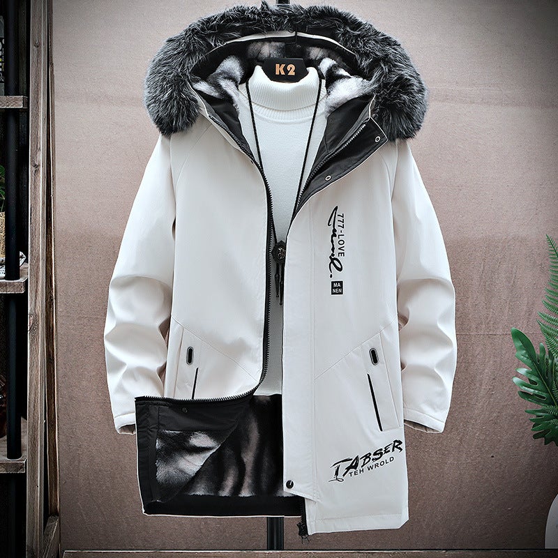 2024 Winter Mens Parker Clothes Cotton-padded Clothes for Students Mid-length Large Wool Collar fleece-lined Thickened Windbreaker Hooded Coat Trendy Beige - Image 1