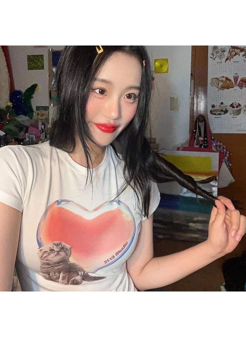 Generic - Korean Kpop Crop Top Cotton Tee Cat Rabbit Print Colorful love cat - Image 1