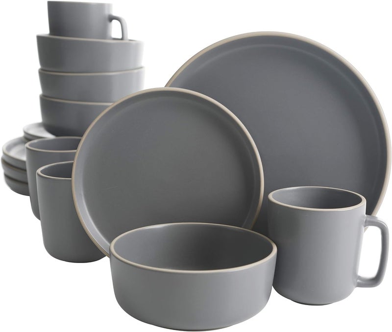 Gibson Home Zuma 16 Piece Round Kitchen Dinnerware Set Dishes Plates Bowls Mugs Service for 4 Matte Stoneware Grey Gray - Image 1
