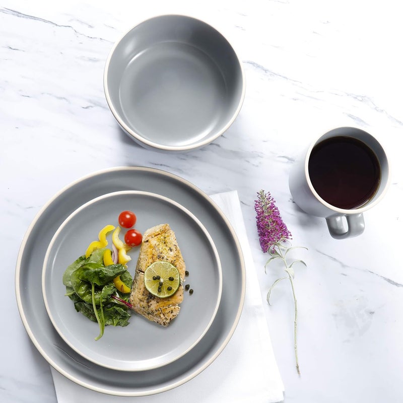 Gibson Home Zuma 16 Piece Round Kitchen Dinnerware Set Dishes Plates Bowls Mugs Service for 4 Matte Stoneware Grey Gray - Image 5