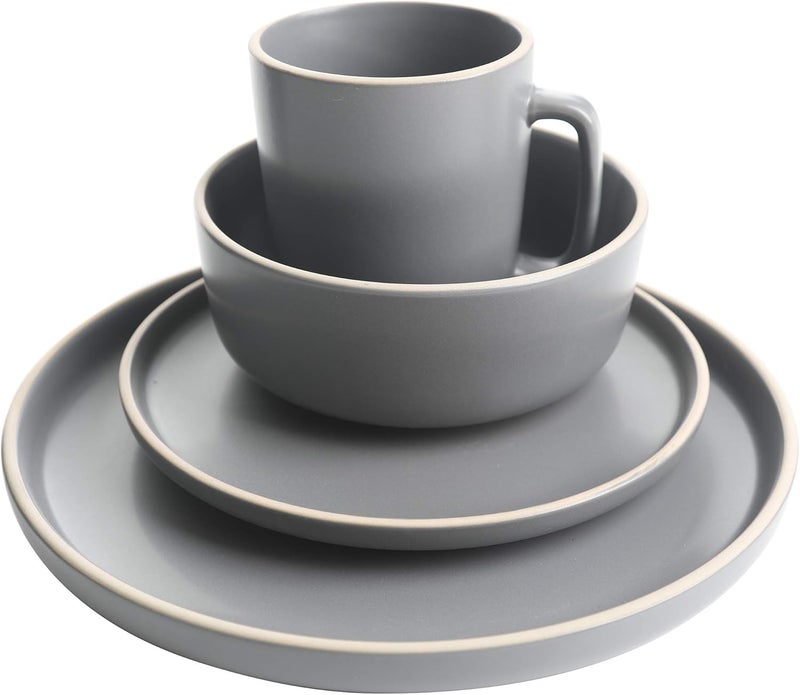 Gibson Home Zuma 16 Piece Round Kitchen Dinnerware Set Dishes Plates Bowls Mugs Service for 4 Matte Stoneware Grey Gray - Image 3