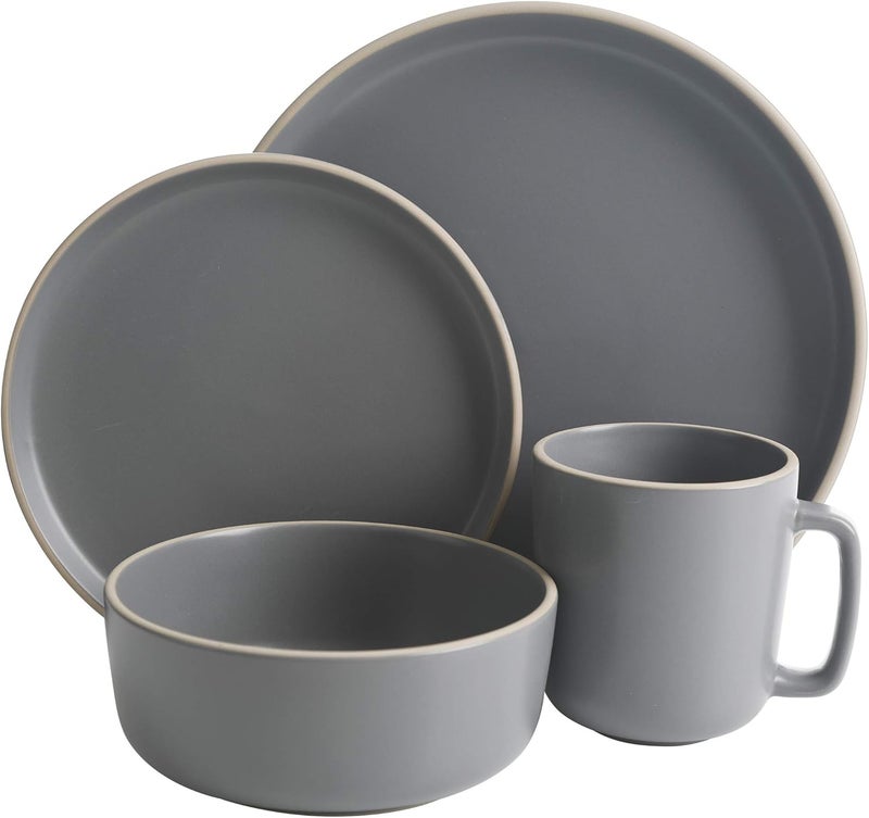 Gibson Home Zuma 16 Piece Round Kitchen Dinnerware Set Dishes Plates Bowls Mugs Service for 4 Matte Stoneware Grey Gray - Image 2