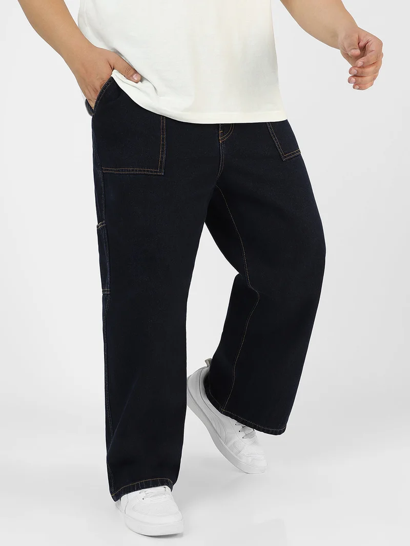Urbano Fashion  Urbano Plus Men's Dark Blue Loose Fit Cargo Carpenter Jeans With 6 Pockets Non-Stretchable  | Best Price UAE