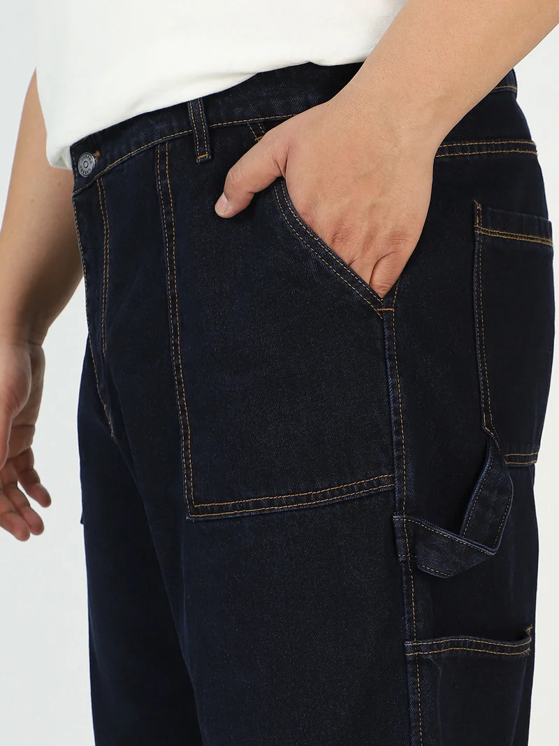 Urbano Fashion  Urbano Plus Men's Dark Blue Loose Fit Cargo Carpenter Jeans With 6 Pockets Non-Stretchable  | Best Price UAE