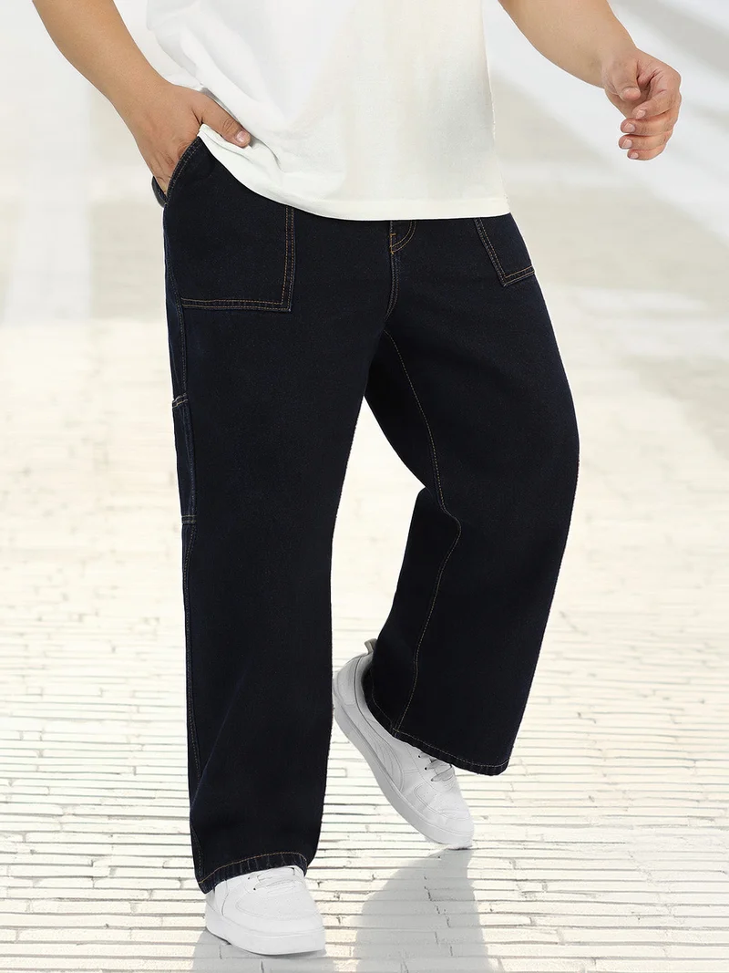 Urbano Plus Men's Dark Blue Loose Fit Cargo Carpenter Jeans With 6 Pockets Non-Stretchable