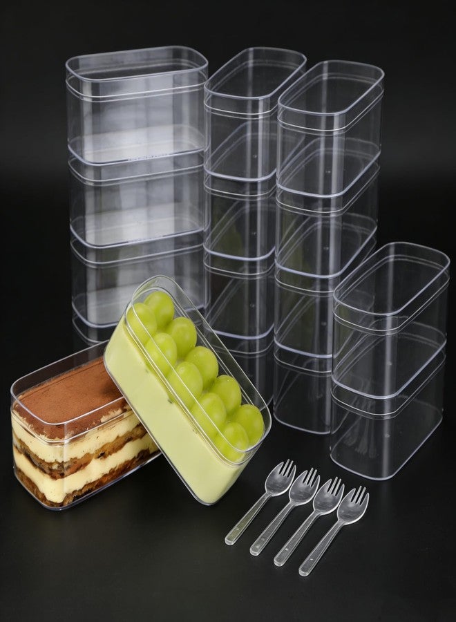 Anjetan 12 Pack Clear Plastic Dessert Cups with Lids and Sporks, Rectangle Reusable Dessert Containers, 4.7 x 2.4 x 2 Inch Food Bowls for Tiramisu, Mousse, Pudding, Fruit - Image 1