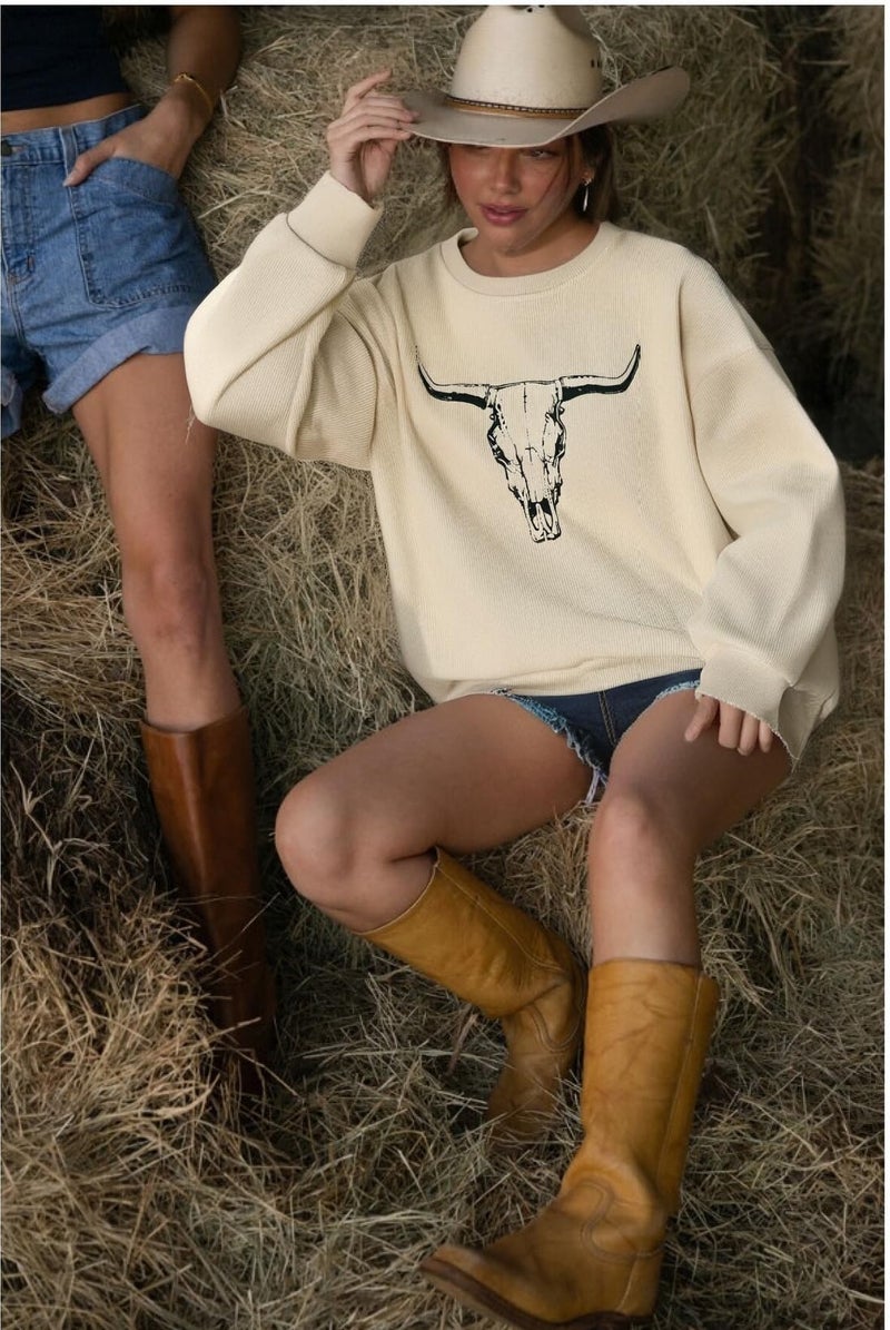 UNIQUEONE Boho Cow Skull Sweatshirt Women Cowgirl Shirt Rodeo Western Country Concert Outfits Nashville Graphic Pullover Tops Apricot - Image 4