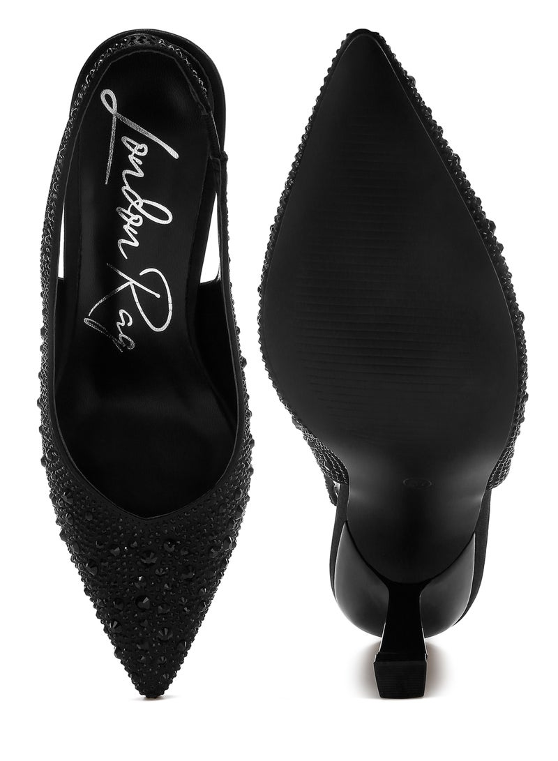 London Rag Black Luxurious Satin Rhinestone Slingback Sandals  - Image 4