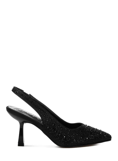 London Rag Black Luxurious Satin Rhinestone Slingback Sandals