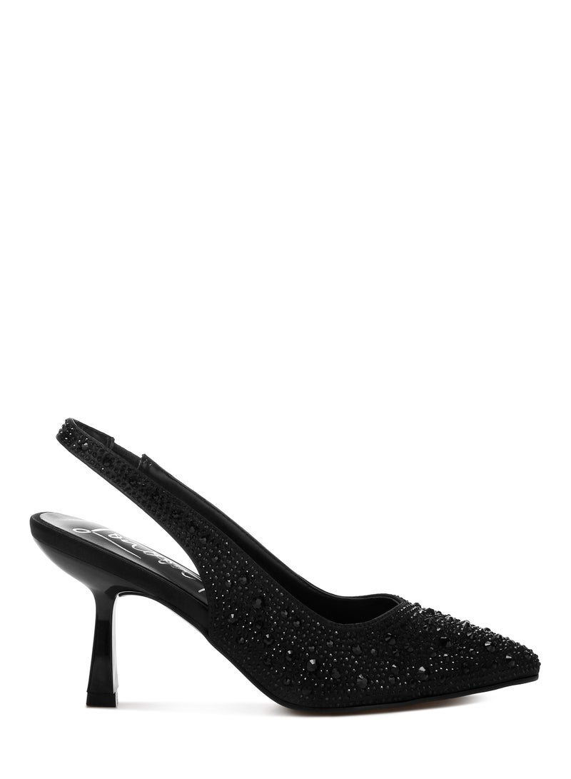 London Rag Black Luxurious Satin Rhinestone Slingback Sandals  - Image 1