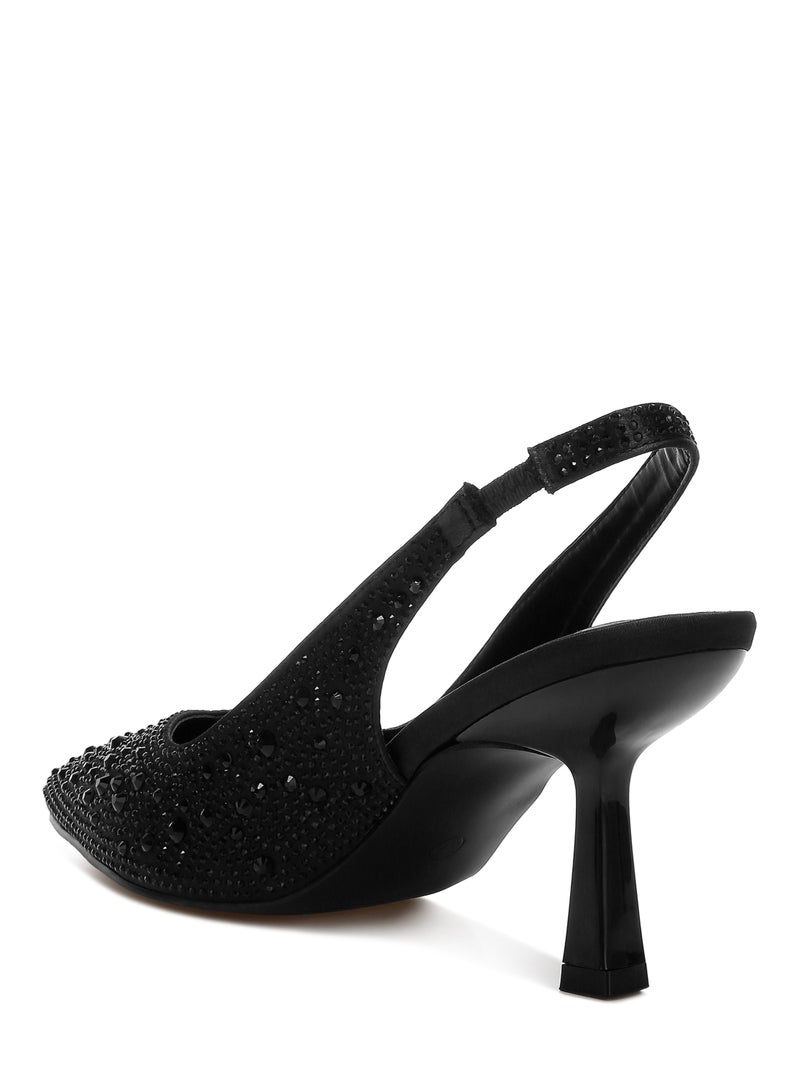 London Rag Black Luxurious Satin Rhinestone Slingback Sandals  - Image 3