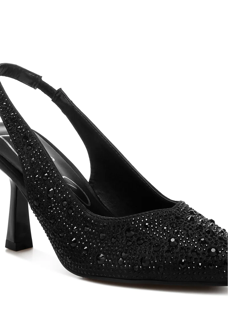 London Rag Black Luxurious Satin Rhinestone Slingback Sandals