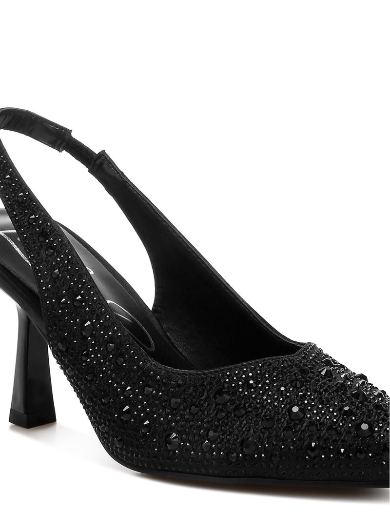 London Rag Black Luxurious Satin Rhinestone Slingback Sandals  - Image 5