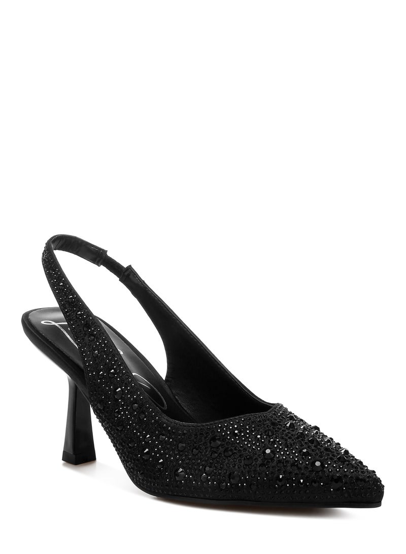 London Rag Black Luxurious Satin Rhinestone Slingback Sandals  - Image 2