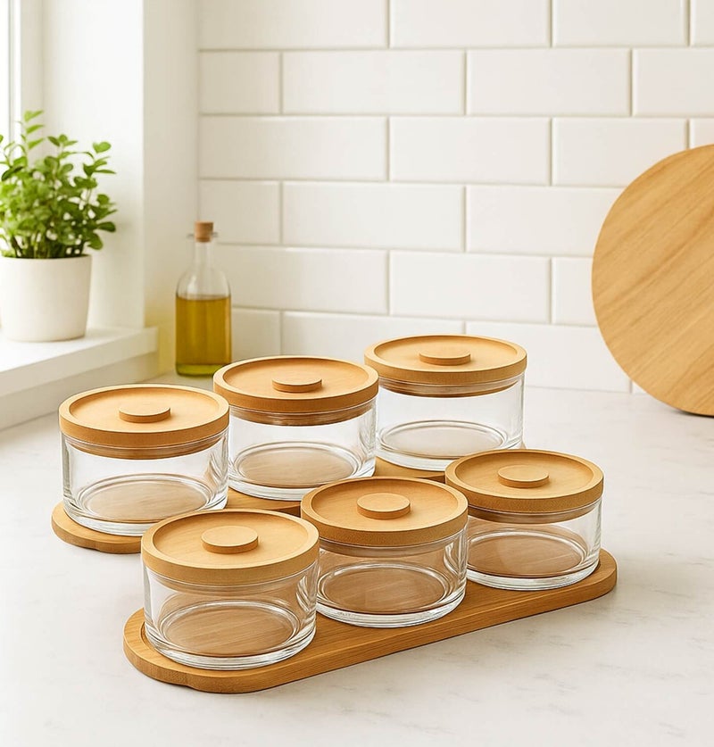 Set of 6 Glass Jars with Bamboo Lids & Wooden Tray, Breakfast Serving and Storage Set