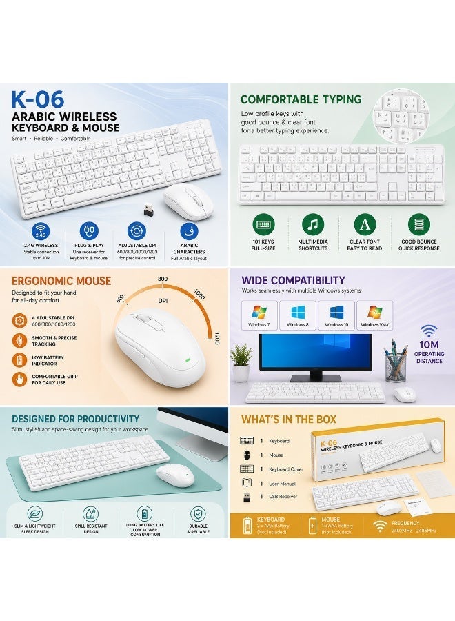لوحة مفاتيح لاسلكية عربية K06 – كيبورد لاسلكي 2.4GHz بأزرار عربية وإنجليزية للكمبيوتر واللابتوب والتلفزيون الذكي والاستخدام المكتبي - Image 3