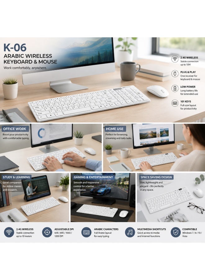 لوحة مفاتيح لاسلكية عربية K06 – كيبورد لاسلكي 2.4GHz بأزرار عربية وإنجليزية للكمبيوتر واللابتوب والتلفزيون الذكي والاستخدام المكتبي - Image 4