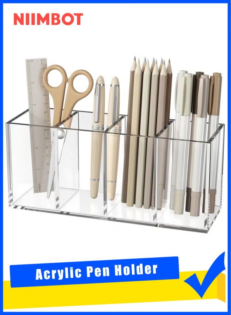 NIIMBOT Acrylic Pen Holder 4 Compartments,Clear Pencil Holder Organizer Makeup Brush Holder for Office Desk Accessories, Cosmetic Brush Storage Box, Dorm, Bathroom, Kitchen - Image 1