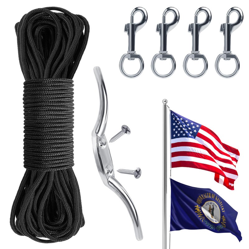 Flag Rope and Clips Kit 100ft Flag Pole Rope Halyard with Cleat Hook 4 Pcs Swivel Snap Clips for Flagpoles Up to 50ft Outdoor Porch Flagpoles Repair Replacement Parts Accessories