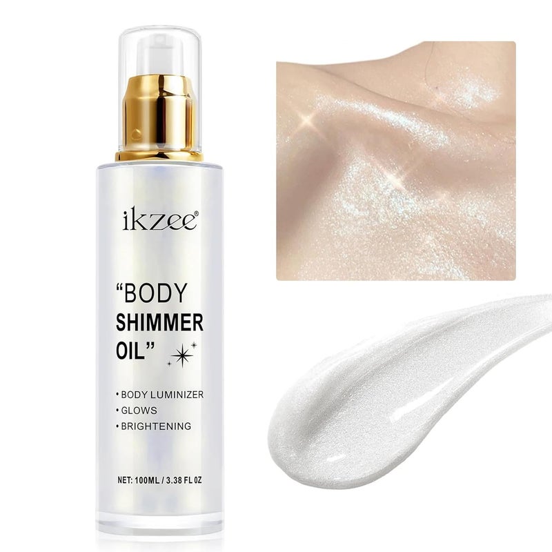 Body Shimmer Oil 100ml Moisturizing Long Lasting Body Luminizer Face Brighten Waterproof Liquid Illuminator Body Glow Shimmer Body Glitter Oil Highlighter Summer Taning Makeup 01 Silver