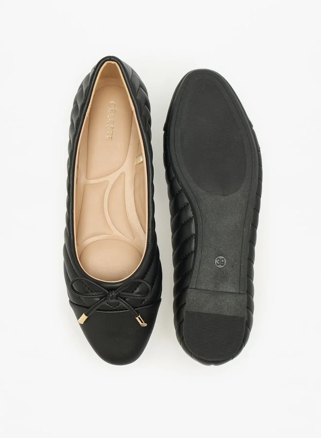 Celeste Women's Quilted Round Toe Ballerina Shoes with Bow Detail