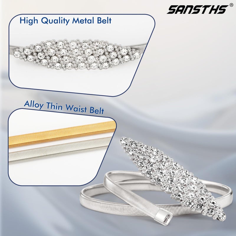 SANSTHS Silver Rhinestone Elastic Waist Belt for Women, Metal Skinny Ladies Belt for Dresses Wedding Party Formal Occasions, Silver L - Image 3