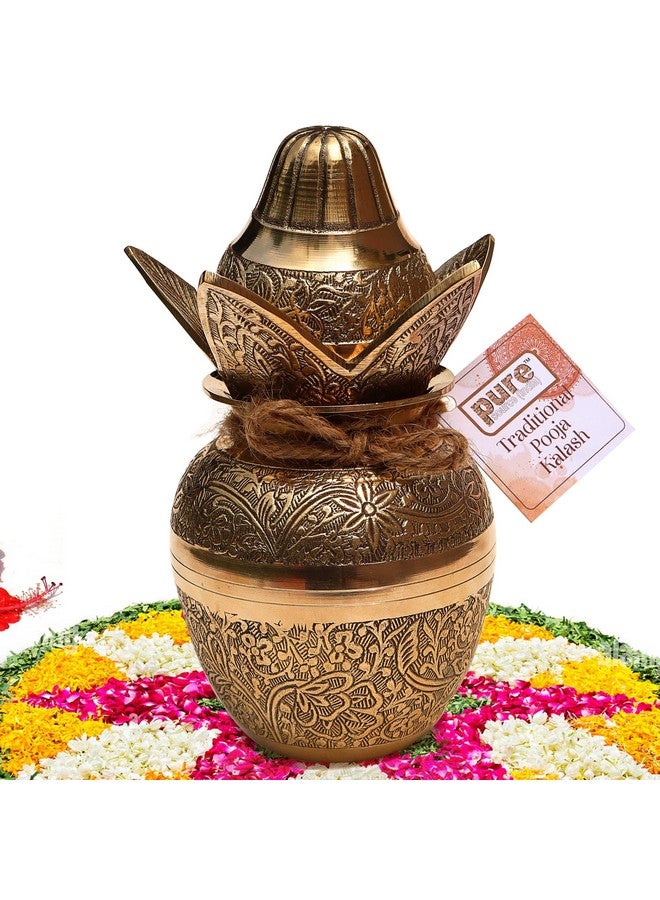 Pure Source India Pure Source Brass Kalash with Leafs & Coconut Showpiece Ideal for Pooja, Weddings and Religious Ceremonies (7.5inch) (Gold) - Image 1