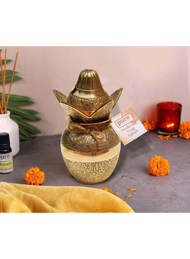 Pure Source India Pure Source Brass Kalash with Leafs & Coconut Showpiece Ideal for Pooja, Weddings and Religious Ceremonies (7.5inch) (Gold) - Image 4