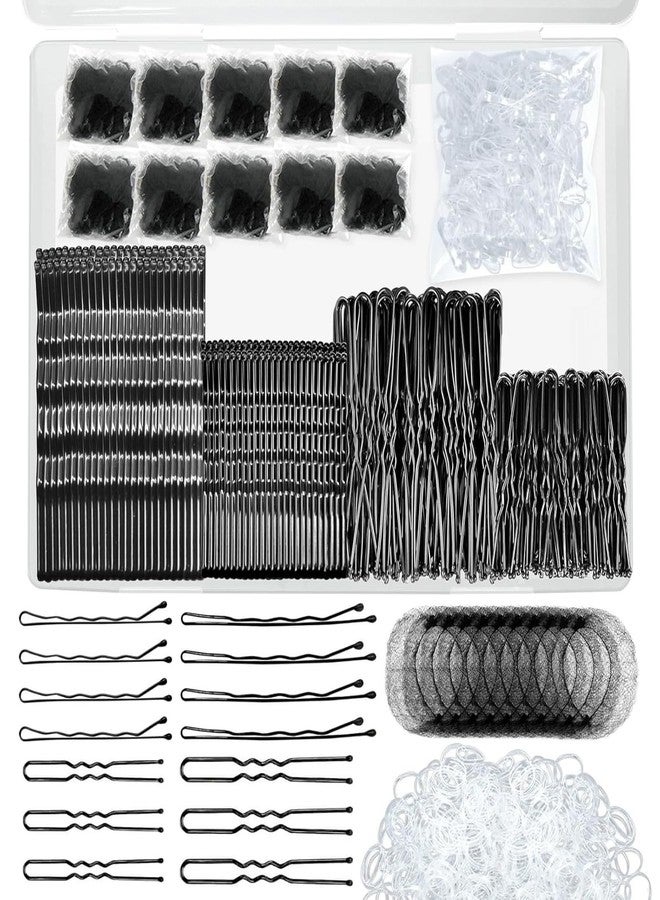 Preptep 510PCS Black Bobby Pins Hair Pins Kit with Hair Net, Includes 100 Bobby Pins for Women, 100 U-Shaped Buns Hair Clips, 300 Hair Bands and 10 Black Hair Nets, Dance competition must haves - Image 1