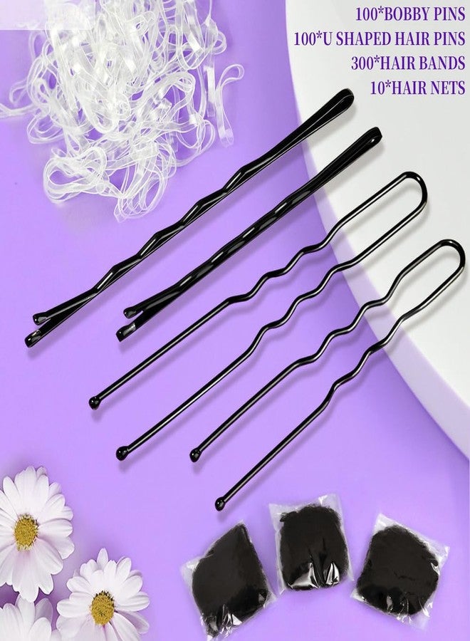 Preptep 510PCS Black Bobby Pins Hair Pins Kit with Hair Net, Includes 100 Bobby Pins for Women, 100 U-Shaped Buns Hair Clips, 300 Hair Bands and 10 Black Hair Nets, Dance competition must haves - Image 2