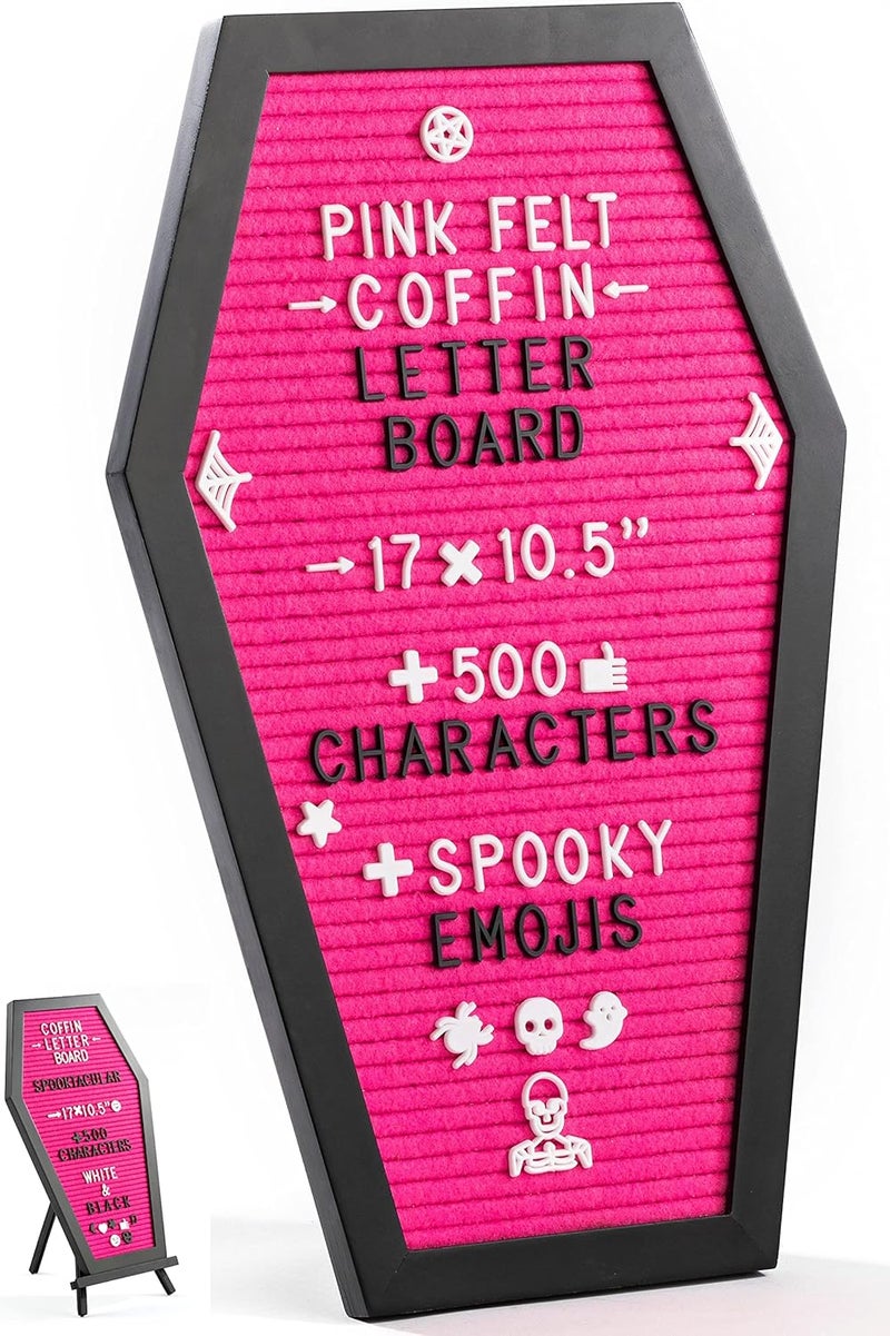 Nomnu Coffin Letter Board Pink With Spooky Emojis +500 Characters, and Wooden Stand - 17x10.5 Inches - Gothic Halloween Decor Spooky Gifts Decorations - Image 1