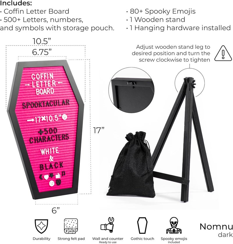 Nomnu Coffin Letter Board Pink With Spooky Emojis +500 Characters, and Wooden Stand - 17x10.5 Inches - Gothic Halloween Decor Spooky Gifts Decorations - Image 2